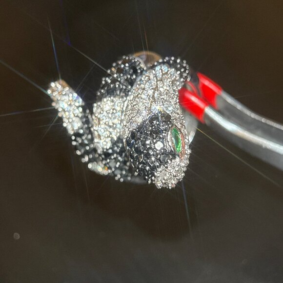 Stunning Pave Black/White Stones with Green Eyes Snake Ring - Picture 3 of 8